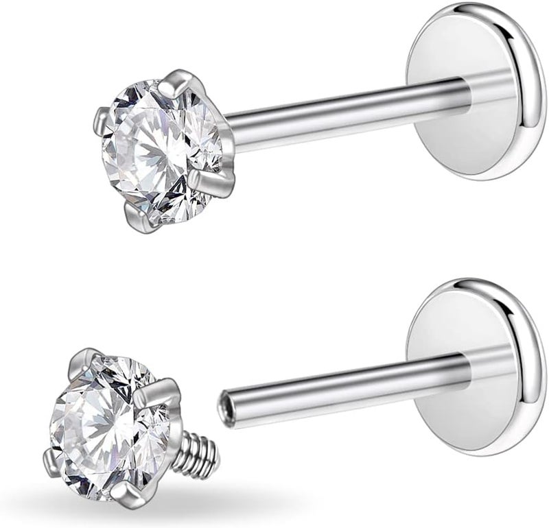 PunkTracker 16g/18g Surgical Steel Internal Thread CZ Stud Piercing Jewelry for Tragus/Nose/Helix/Conch/Medusa/Lip/Labret - Helix Tragus Cartilage Earring for Women Men 2PCS - Image 1